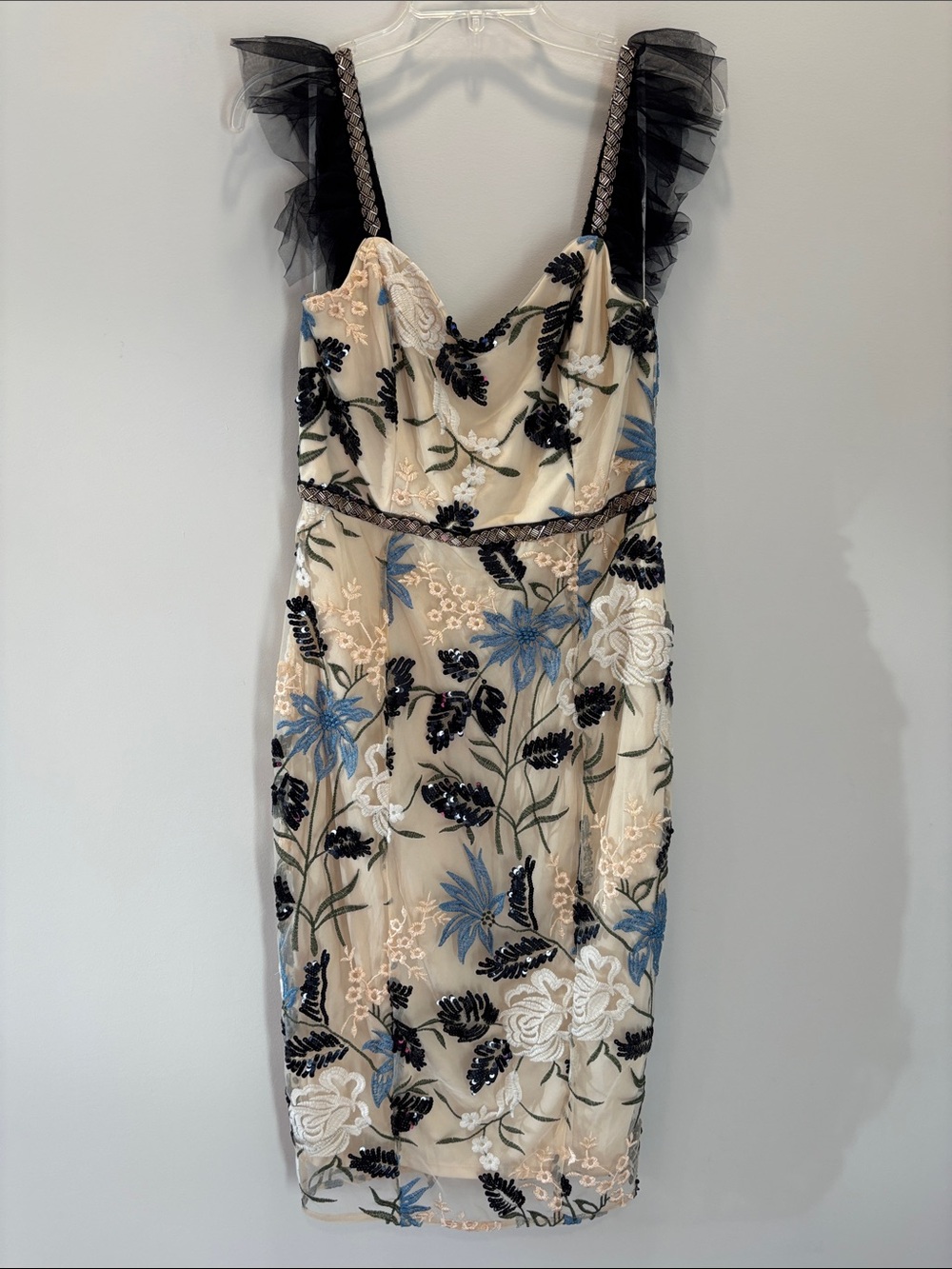 Lulus Show Stopper Embroidered Sequin Bodycon Midi Dress Cream Blue M - Picture 5 of 12